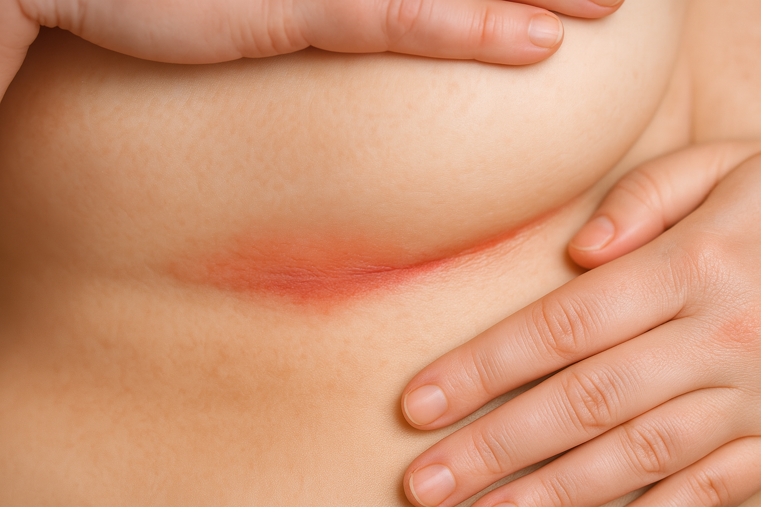 Hands protecting inflamed skin area